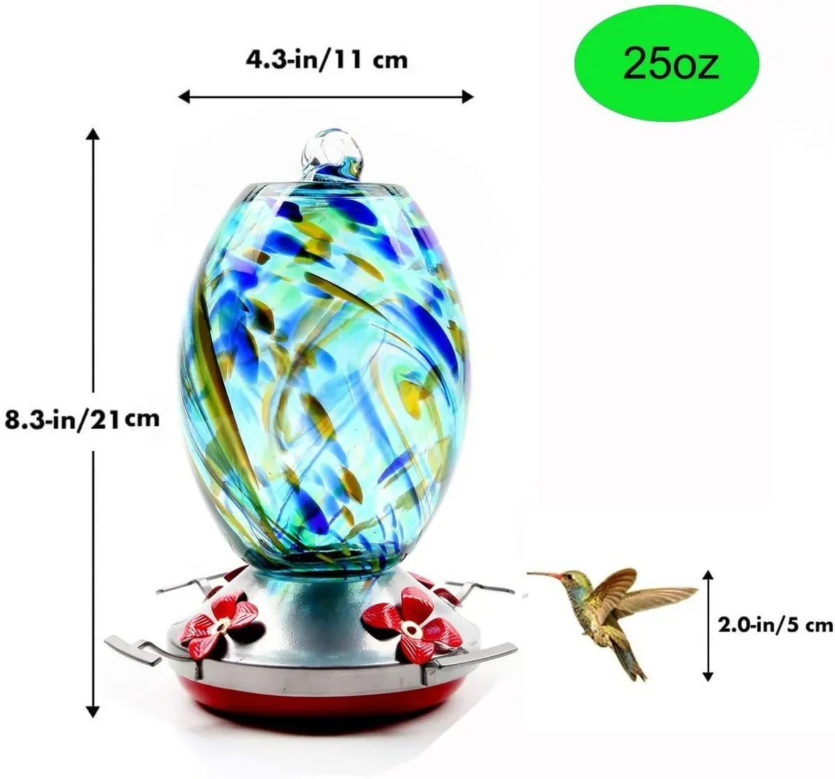 Sherum Hand Blown Glass Hummingbird Feeder - 25 Ounces