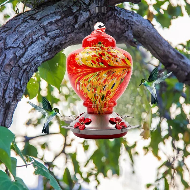 Sherum Hand Blown Glass Hummingbird Feeder - 38 Ounces